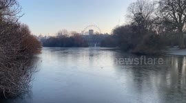 Frozen lake in St James's Park, Central London, as temperatures plummet across the UK