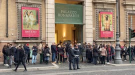 People line up to see the exhibition of Botero's works at Palazzo Bonaparte in Rome.
