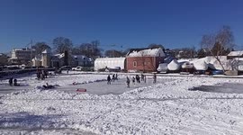 Pond Hockey Lessons on Redd's Pond in Marblehead, Massachusetts after a weekend snowstorm