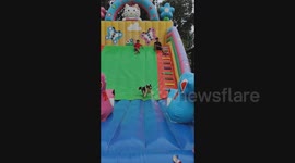 Plucky pet dog keeps trying to climb up bouncy castle slide
