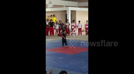 Boy, 4, delights crowd with his epic superhero sword moves