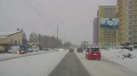 Car slides on ice and collides with oncoming vehicle, causing child to cry in terror