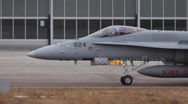 WEF DAVOS SWISS AIRFORCE PATROL SION AIRPORT SWITZERLAND CLOSE-UP ON FA-18 HORNET  4K60 slowmotionx2