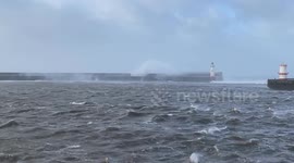 Storm Eowyn. Gigantic waves breach the outer harbour wall at Whitehaven, Cumberland