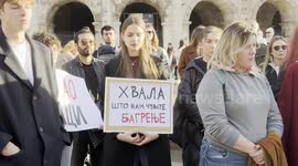 Protesters show protest signs during the sit-in to demand justice for the victims of the accident at the Novi Sad station, in which 15 people lost their lives and in solidarity with the protests against the Serbian government of Vučić, organized by some S