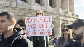 Protesters show protest signs during the sit-in to demand justice for the victims of the accident at the Novi Sad station, in which 15 people lost their lives and in solidarity with the protests against the Serbian government of Vučić, organized by some S