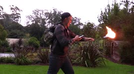 Confused Dad uses flame thrower to play Pokemon Go