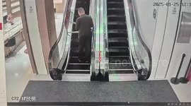 Slapstick-esque security guards carrying tables get tangled in escalator