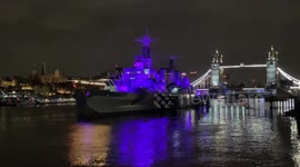 HMS Belfast was illuminated in purple to mark Holocaust Memorial Day in London