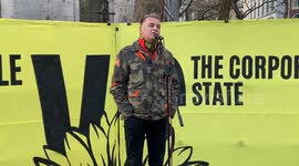Naturalist Chris Packham gives a speech outside the Royal Courts of Justice as climate activists appeal harsh sentences