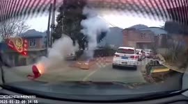 Chinese New Year firecrackers set off on road explode next to wedding car