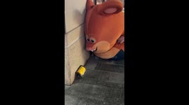 Mouse mascot playfully reacts to sneaker smell in Jiangsu, China
