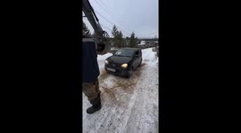 Excavator collides with car in Ulan-Ude, Buryatia, Russia