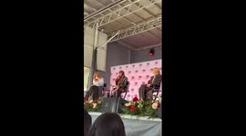 Backdrop falls almost hits Nina Dobrev at TVD convention in Covington, Georgia