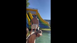 Inflatable slide blown away by wind at pool party in Escobar Partido, Argentina