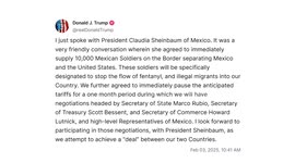 Trump says U.S. agrees to pause tariffs on Mexico for one month