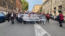 Marco Rizzo, coordinator of Sovereign Popular Democracy and Enzo Pennetta, President of the Repudiate War Committee of Sovereign Popular Democracy, during the protest against the ongoing wars and to reiterate that 'Italy repudiates war' organized by the a