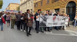Marco Rizzo, coordinator of Sovereign Popular Democracy and Enzo Pennetta, President of the Repudiate War Committee of Sovereign Popular Democracy, during the protest against the ongoing wars and to reiterate that 'Italy repudiates war' organized by the a