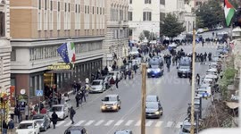 The police vehicles preceding the procession on the occasion of the demonstration in support of the Palestinian people organized close to Remembrance Day by various Palestinian associations in Rome.