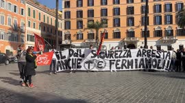 A protester speaks into a megaphone while other protesters display a banner with the slogan ‘the security bill arrests you too, let’s stop them!’ During the demonstration against the security decree, the law decree 1660 on public safety, organized by the