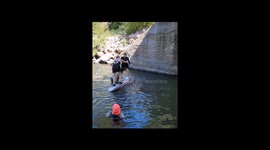 Three siblings struggle to balance on the surfboard at Susan River