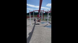 Kids' zipline adventure turns funny with an unintentional knockdown