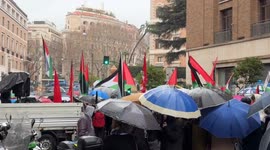 Protesters in the rain wave Palestinian flags during the Palestine support rally organized by the Palestinian student movement in Rome.