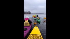 Ukraine, the Dnipro river. Extreme kayaking in the ice.