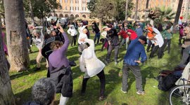 People do tai chi in the gardens of Piazza Vittorio during the Chinese New Year celebrations in Rome.