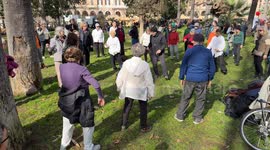 People do tai chi in the gardens of Piazza Vittorio during the Chinese New Year celebrations in Rome.
