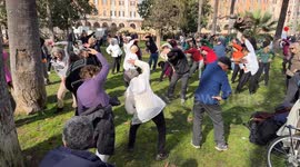 People do tai chi in the gardens of Piazza Vittorio during the Chinese New Year celebrations in Rome.