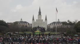 US Marines helicopter flies of Super Bowl parade