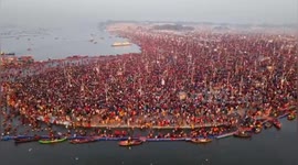 Drone Arial view Millions Scores of devotees arrived in Prayagraj to take holy dip at the Triveni Sangam on Maghi Purnima, Northern India