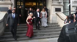 Brady Corbett and Mona Fastvold    leave the hotel to attend the BAFTA film Awards at the Royal Festival Hall