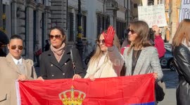 Serbian students living in Rome during a demonstration in support of the Serbian student protests on Serbian National Day in Rome.