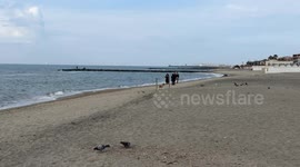 People stroll as pigeons search for food on the beach with some garbage along the coast of Lido di Ostia on a cloudy day in February in Rome.