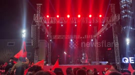 Leaders and supporters of the Levizja VeteVendosje (Self Determination Movement) political party attend the last public speech before the black out period, in the city centre of Pristina