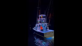 Night Boat parade at Christmas. The boats are decorated with Christmas lights.