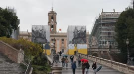 The climb of the Campidoglio on a rainy day Rome.