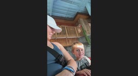 Excited little boy rides train rollercoaster fearlessly during family vacation
