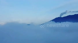 Mount Marapi spews volcanic ash in Indonesia. A view of Mount Marapi spewing columns of volcanic ash during an eruption in Tanah Datar District, West Sumatra, Indonesia, on February 22, 2025. Since the first eruption on December 3, 2023, Mount Marapi has