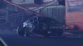 US, Los Angeles: Bellflower High Speed Crash Leaves Hydrant Sheared And Power Pole Hanging