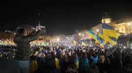 Ukraine supporters light up Trafalgar Square in London on the three year anniversary of the conflict with Russia