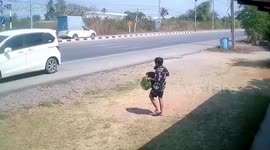Mom and son narrowly avoid being hit by speeding pick-up truck