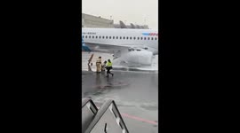 Ground service worker knocked down by fire hose at Pulkovo Airport, Saint Petersburg, Russia