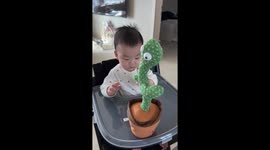 Child cries after being startled by voice-imitating cactus toy