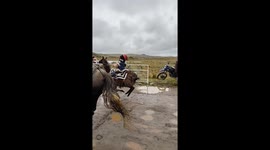 Young girl races on a llama against horses in Quito, Ecuador