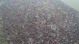 A drone shot captured of devotees gathered at the Triveni Sangam to take a holy dip on the occasion of Maha Shivratri on the last day of the Maha Kumbh Mela in Praygraj