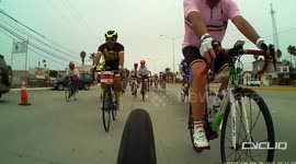Cyclist avoids crack in road and causes pileup
