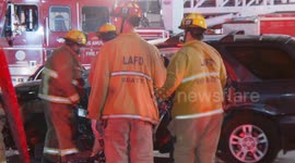 US, Los Angeles: Boyle Heights Car Destroyed After Crashing Into Box Truck